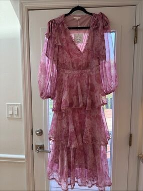 Baevely Pink Floral Tiered Long-Sleeve Dress size M NWT